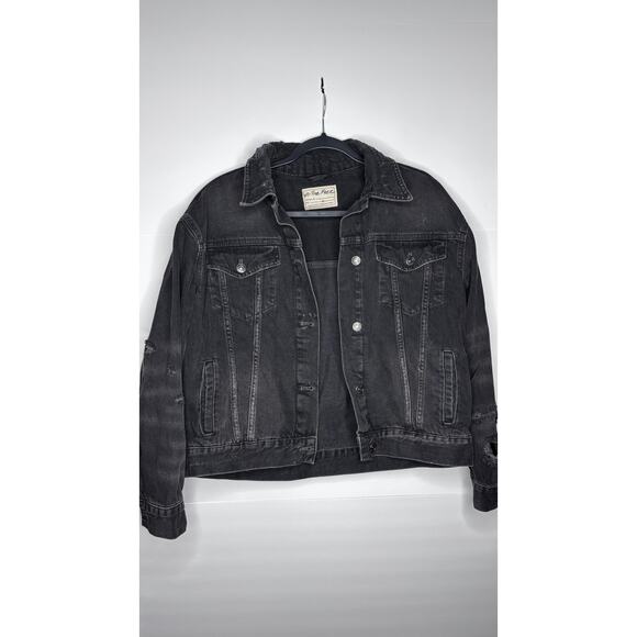 FREE PEOPLE DISTRESSED BLACK DENIM JACKET, OVERSIZED - Picture 1 of 3